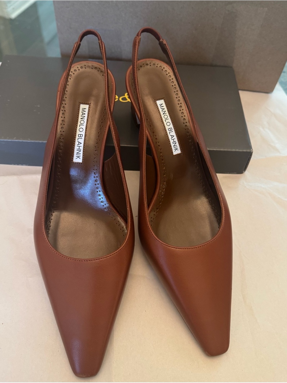 Manolo Blahnik Brown Leather Pointed Slingback Pumps